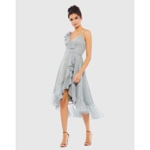 MAC DUGGAL 49489One Shoulder Ruffle High Low Dress Metallic Dot‎ Blue Size 10